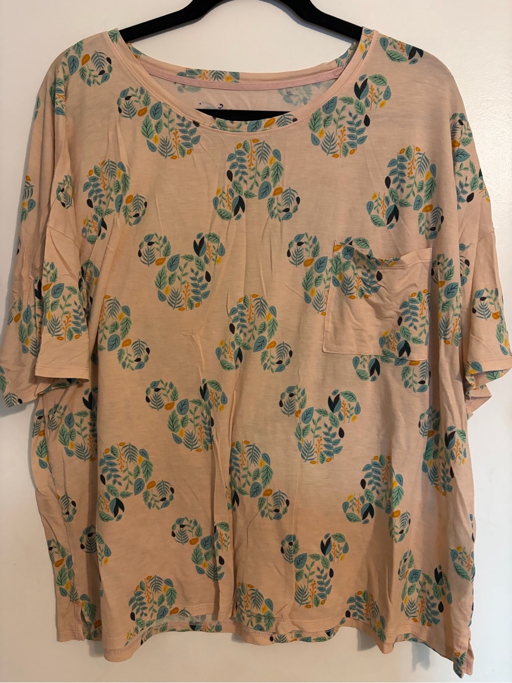 MICKEY MOUSE TEE Women’s Crewneck Pocket Tee in Blush Pink with Leaf Print